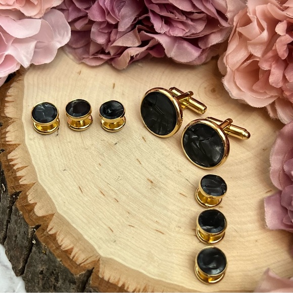 Black Mother of Pearl Cufflinks Tuxedo Studs Formal 8 Pcs Set - Picture 7 of 16